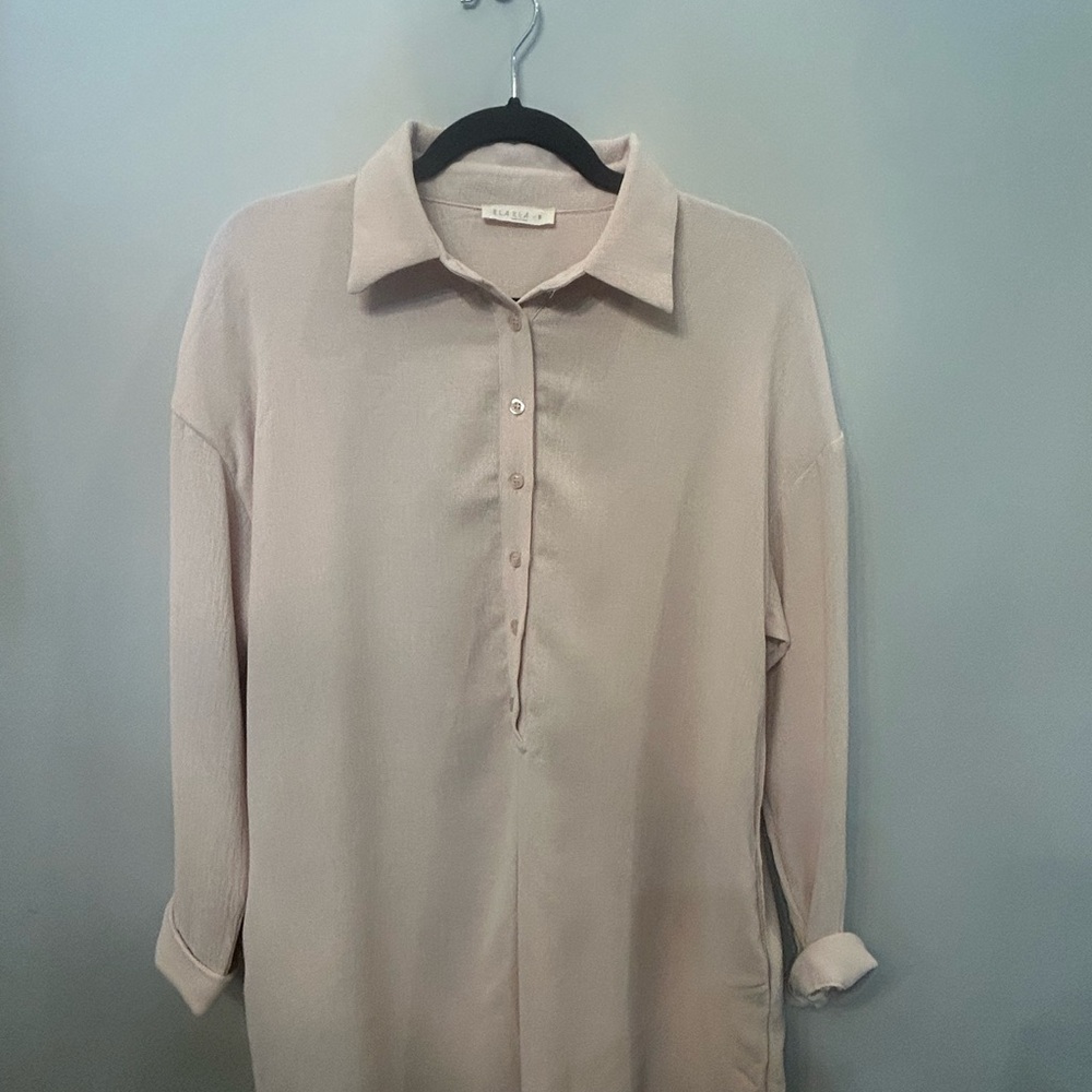 Beige Long Sleeve Button-Up Romper
